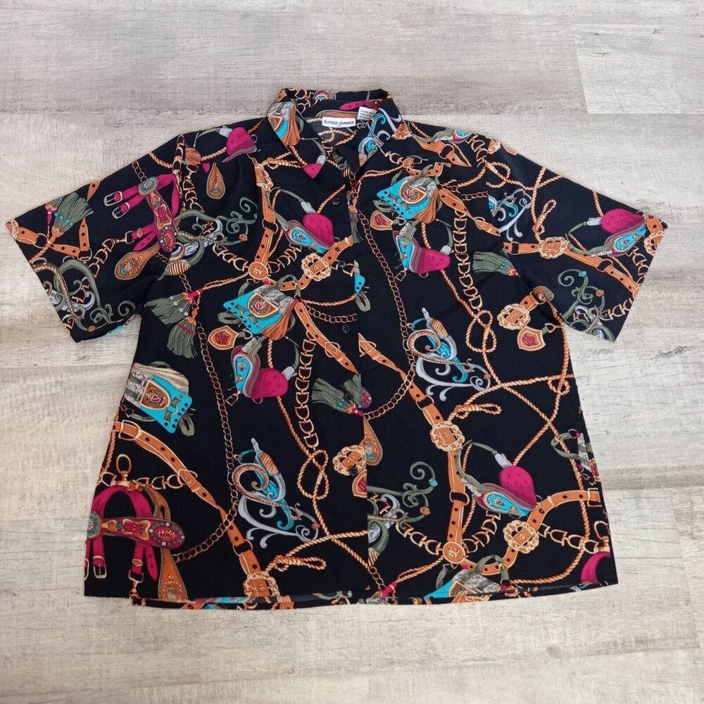 Vtg ALFRED DUNNER Womens Size 20 Black Red Gold Chain Satin Button Front Blouse